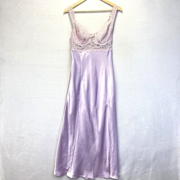 Vintage Y2K Victoria’s Secret Satin Purple Lace Maxi Gown Slip Dress Large L - Picture 1 of 14